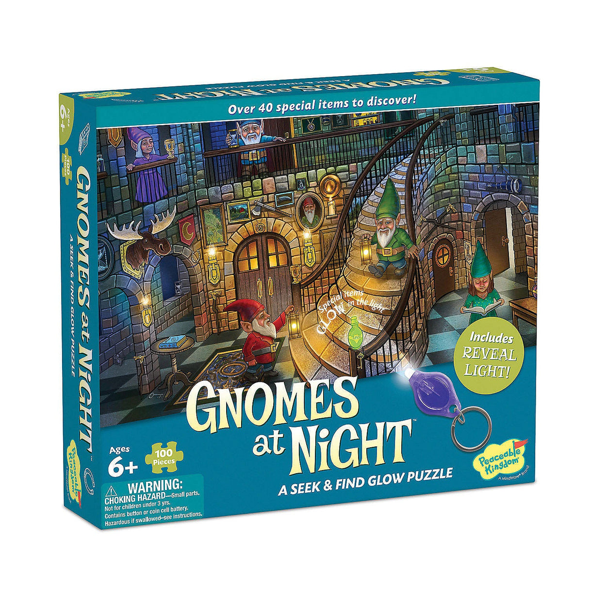 PZ 100pc Seek&Find Gnomes puzzle with glow-in-the-dark hidden items and included reveal light for ages 6 and up.