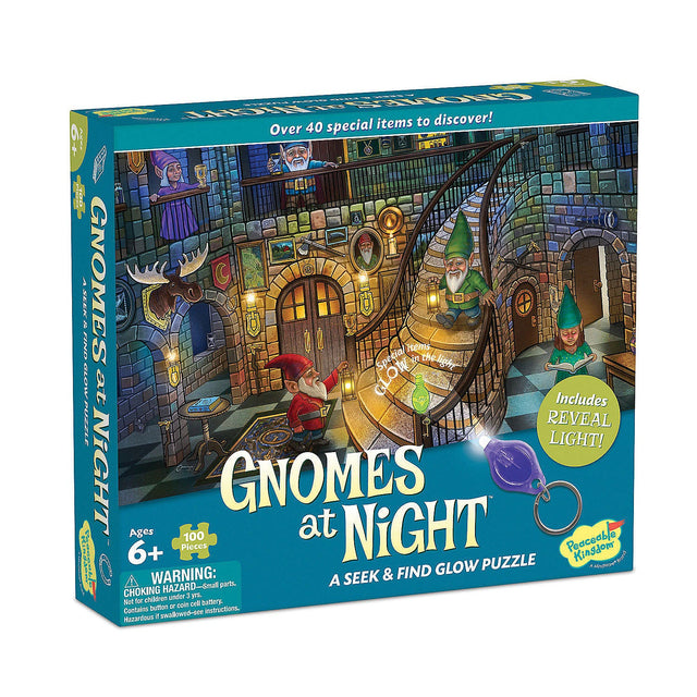 PZ 100pc Seek&Find Gnomes puzzle with glow-in-the-dark hidden items and included reveal light for ages 6 and up.
