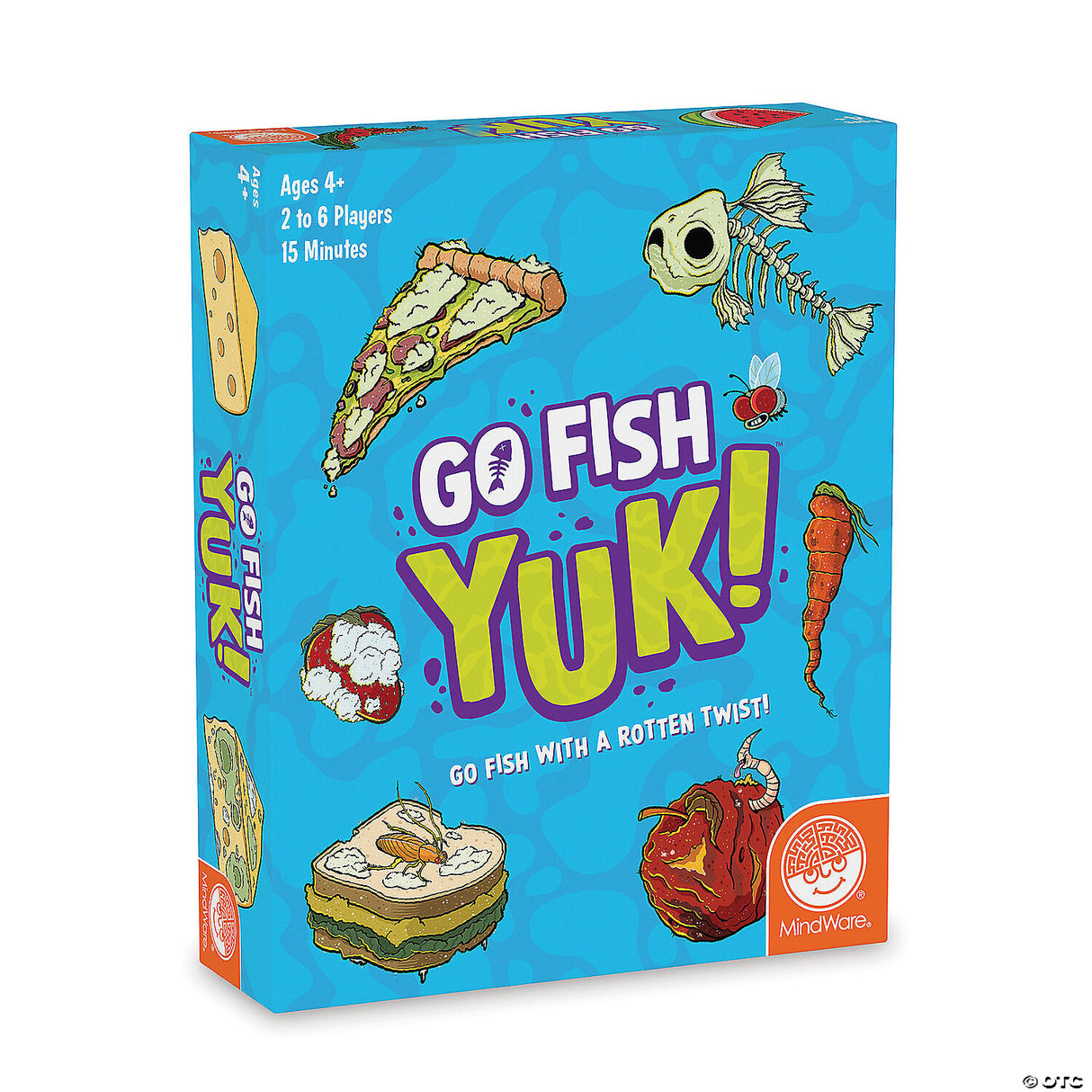 Go Fish YUK! game box with silly rotten food illustrations and bold colorful title on bright blue background.