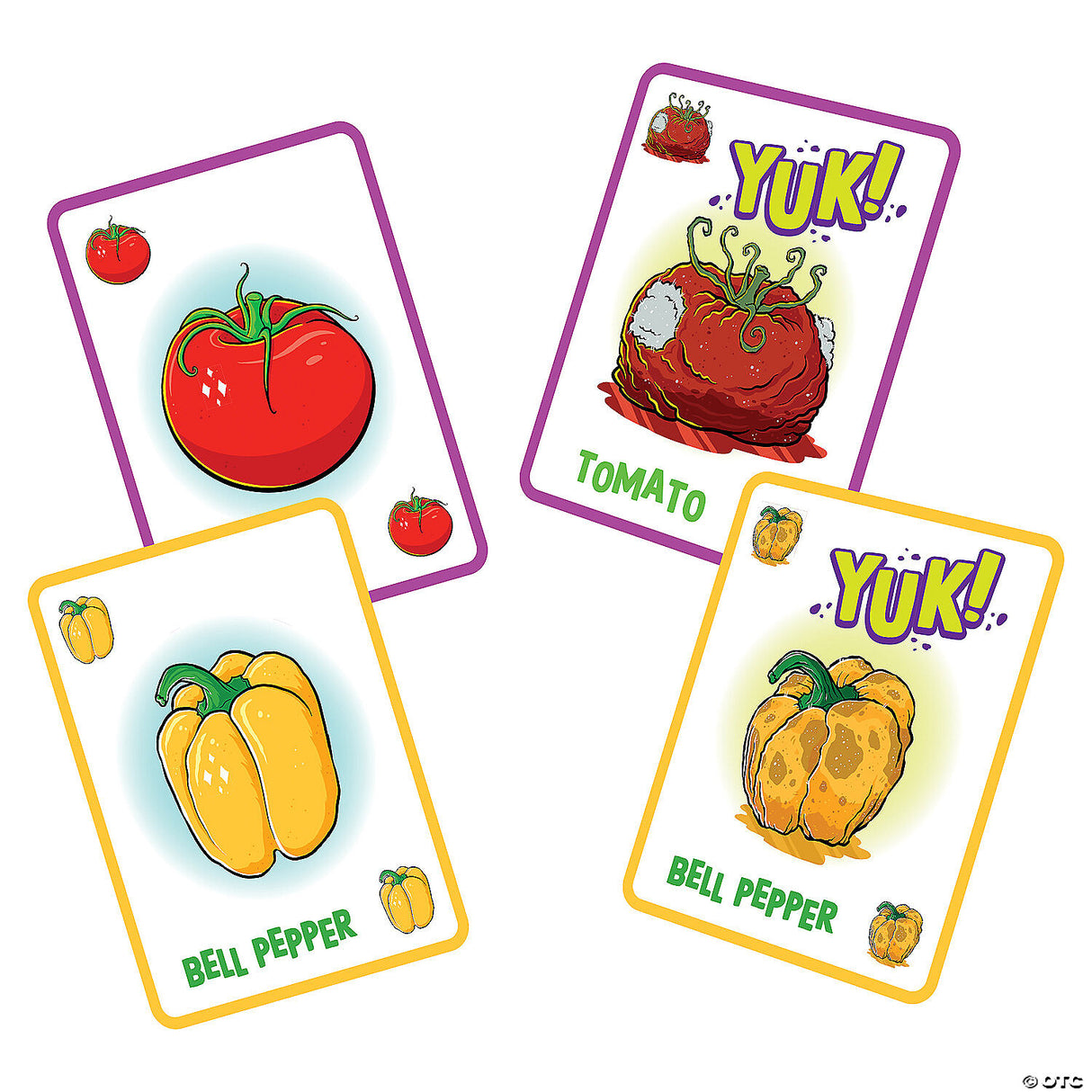 Go Fish YUK! cards showing fresh and gross versions of tomato and bell pepper in a silly card game.