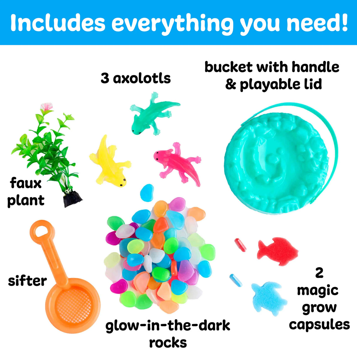 Sensory play set with three axolotl toys, glow rocks, sifter, faux plant, magic grow capsules, and a bucket with handle and lid.