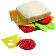 Soft, squishy play sandwich with bread, cheese, salami, tomato, and lettuce for imaginative play – Sandwich product.