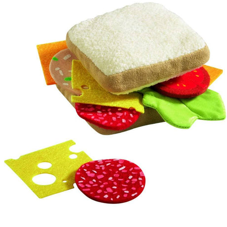 Soft, squishy play sandwich with bread, cheese, salami, tomato, and lettuce for imaginative play – Sandwich product.