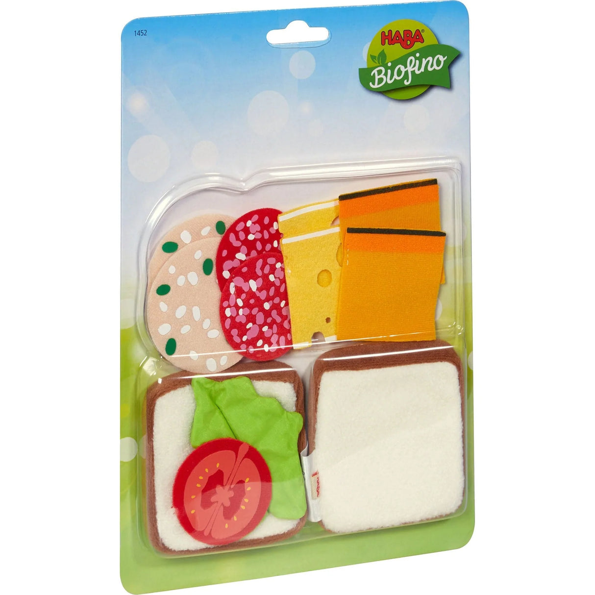 Sandwich play food set with soft bread, cheese slices, salami, pastrami, tomato, and lettuce for imaginative play.