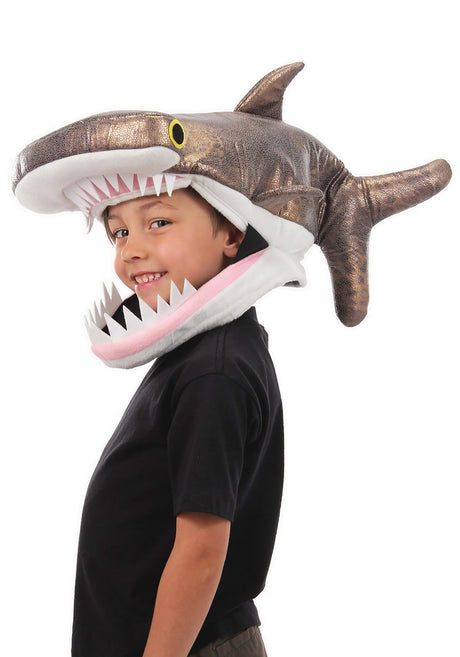 Child wearing a Hammerhead Shark Jawesome Hat with fabric teeth and fin, designed for costume and fun occasions.