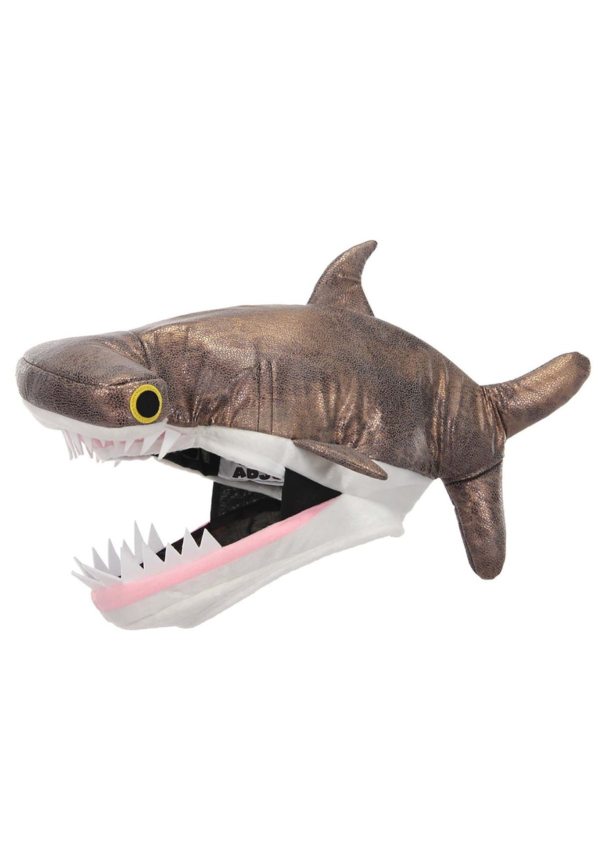 Hammerhead Shark Jawesome Hat with scaly shiny suede, adjustable size, and foam design resembling a fierce shark jaw.