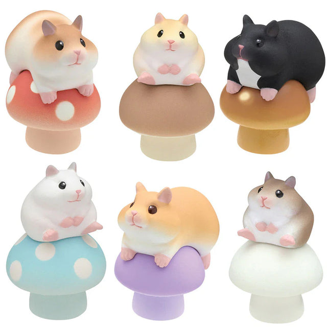 Each blind box contains one of six adorable hamsters perched on a mushroom.