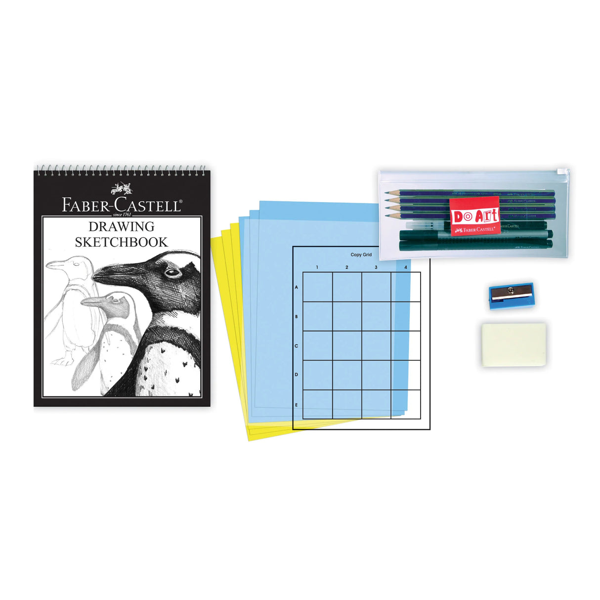 Do Art: Drawing & Sketching kit with sketchbook, pencils, pens, grid sheets, eraser, and sharpener for skill building.