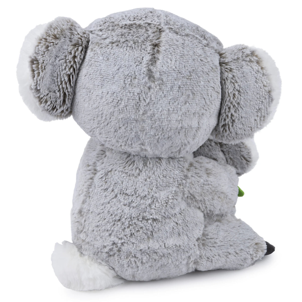 Koala Zozo & Cub plush toy showing soft gray fur and seated pose with baby koala holding felt eucalyptus leaves.