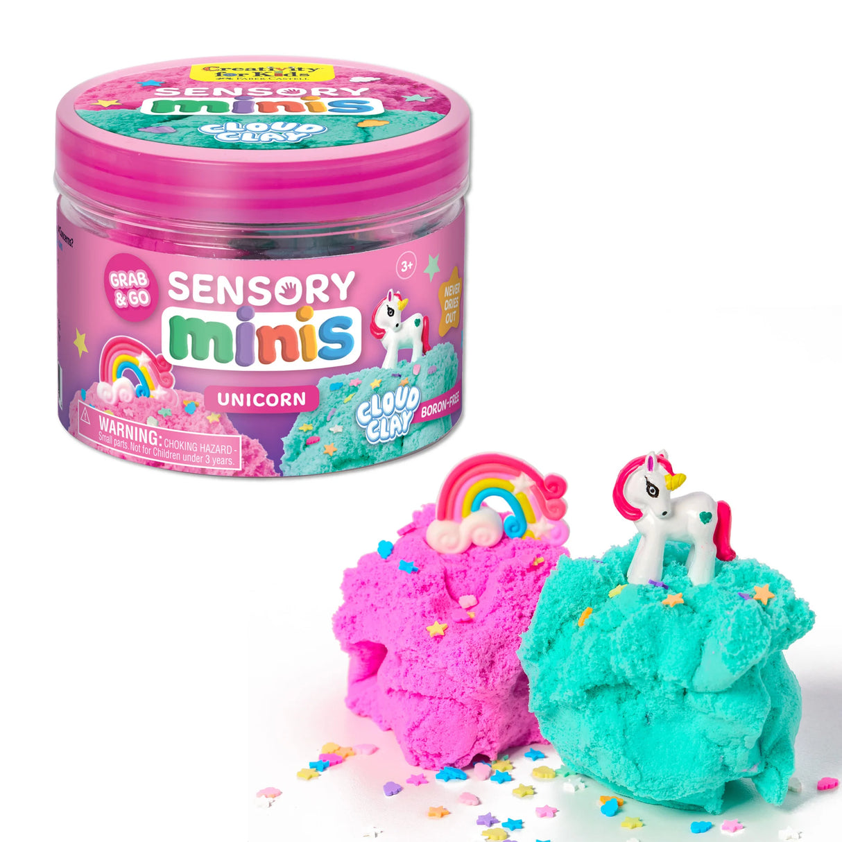 Pink and teal cloud clay with unicorn and rainbow toys beside a closed pink sensory mini jar container