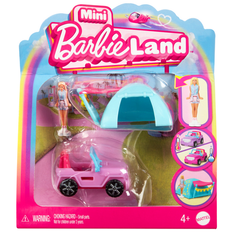 Mini BarbieLand Camping toy set with pink vehicle, blue tent, and Barbie doll for imaginative play and display.