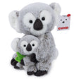 Koala Zozo & Cub plush toy showing a seated parent koala cradling a baby holding green eucalyptus leaves.