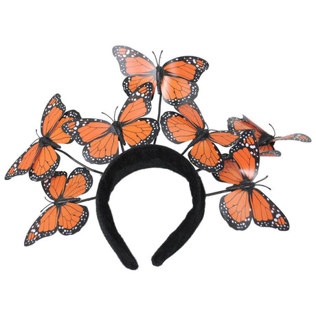 Deluxe Butterfly Headband featuring adjustable plastic-covered wires with orange plastic butterflies on a velvet black band.