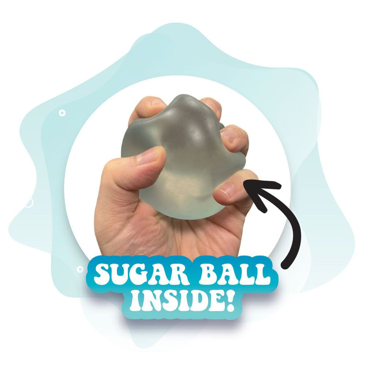 Hand squeezing a soft translucent stress toy revealing a gel-like sugar ball inside for calming sensory relief.