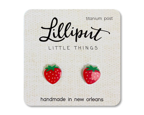 Strawberry Earrings featuring handmade red strawberry studs with titanium posts on a branded card from Lilliput.
