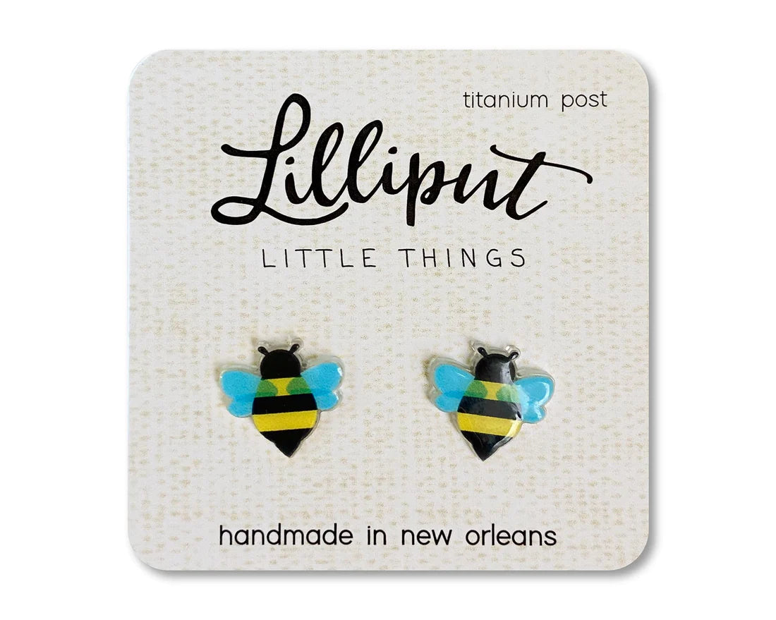Honey Bee Earrings featuring handmade honey bee design with titanium posts, hypoallergenic and water-resistant finish.