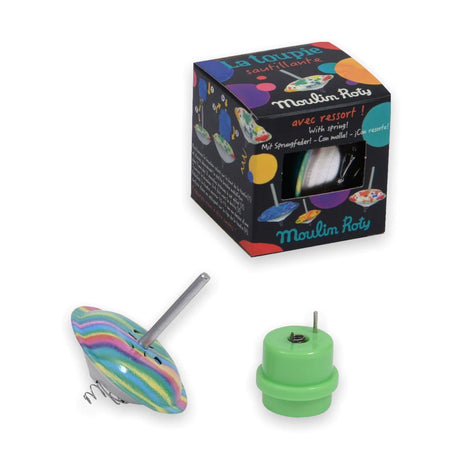 Hopping Spinning Top with built-in spring for bouncing and spinning, colorful design, and packaging from Moulin Roty.