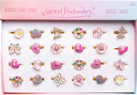 Fidget Spinner Ring set with assorted colorful and glittery floral, heart, and butterfly designs in adjustable sizes.