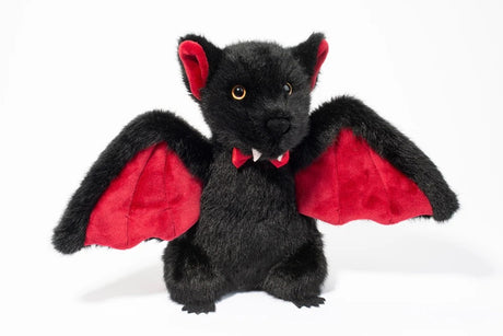 Soft plush black bat with red wings and ears, adorable vampire design perfect for cuddling and playtime