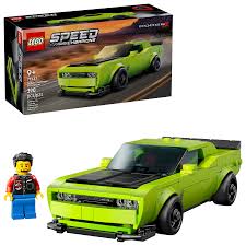 Speed Dodge Challenger SRT Hellcat LEGO model with bright green muscle car and driver minifigure on track background.