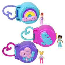 Polly Pocket On the Go Fun compact playsets with mini dolls and vibrant ocean, rainbow, and candy themes.