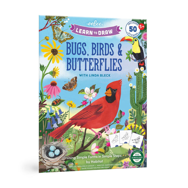 Learn to Draw | Bugs, Birds & Butterflies book cover with colorful illustrations of birds, butterflies, and flowers.