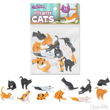 Itty Bitty Cats small realistic vinyl cat figurines in 12 poses and 2 color combos, perfect for collectors and cat lovers.