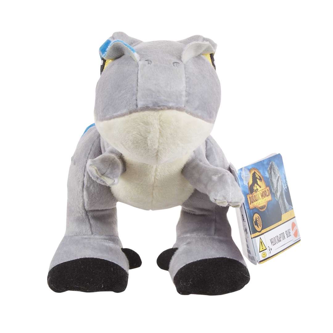 Jurassic World Dino plush toy in gray with soft fabric and real dino sounds, measuring about 7 inches long.