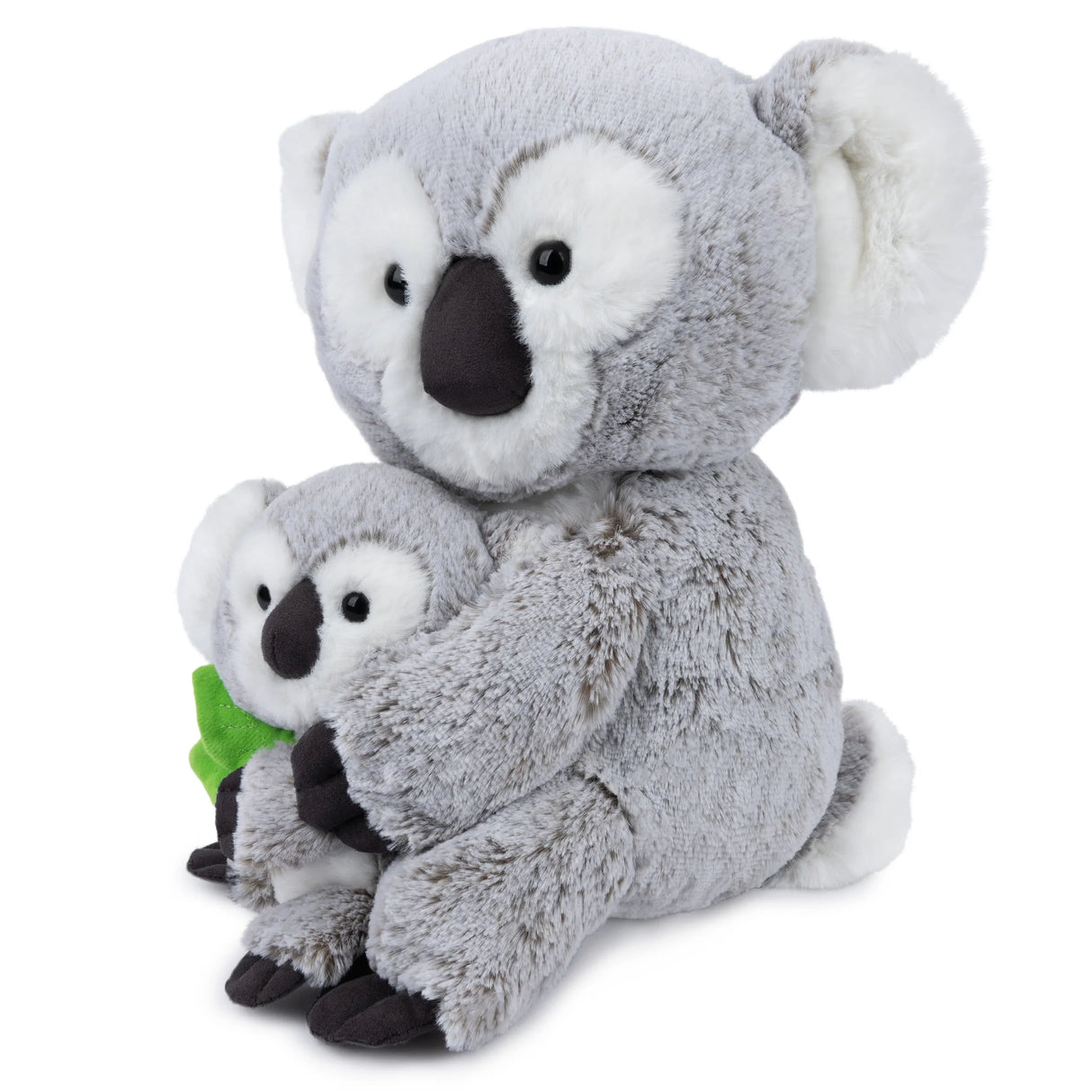 Koala Zozo & Cub plush toy with soft gray fur, seated parent koala cradling baby holding green eucalyptus leaves.