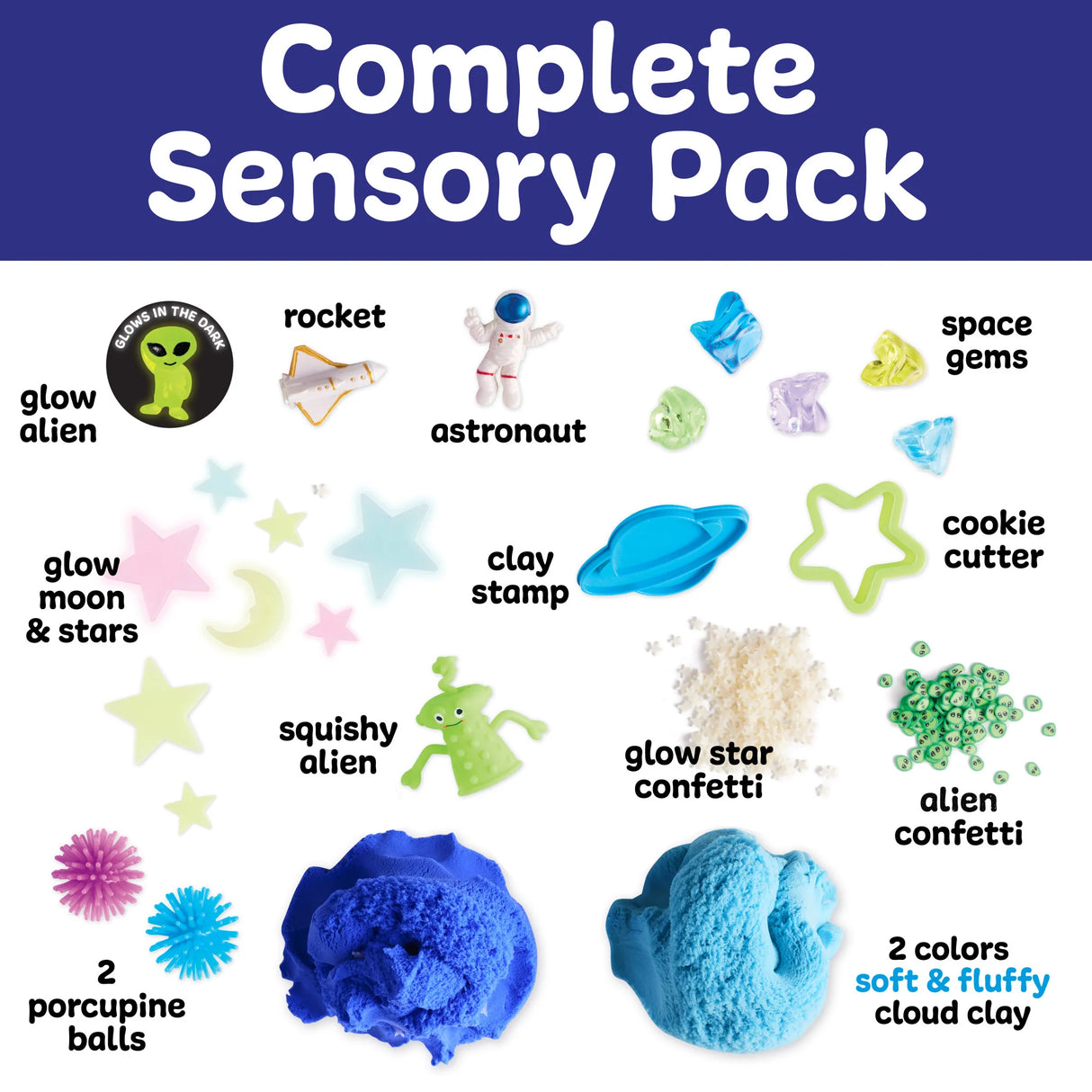 Sensory Pack | Outer Space featuring space toys, stretchy cloud clay, glow aliens, star confetti, and more for tactile play.