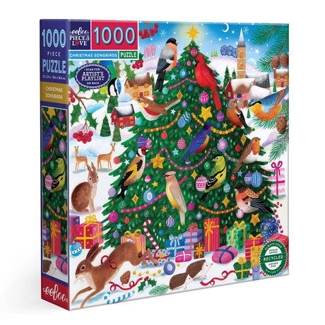 Colorful Christmas tree adorned with songbirds surrounded by presents and winter animals on a 1000-piece puzzle box.