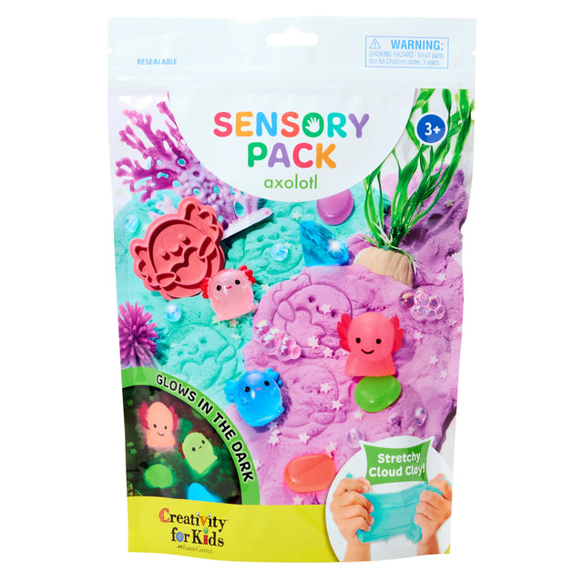 Sensory Pack | Axolotl with glow toys, stretchy cloud clay, and underwater-themed sensory play for toddlers ages 3 and up.