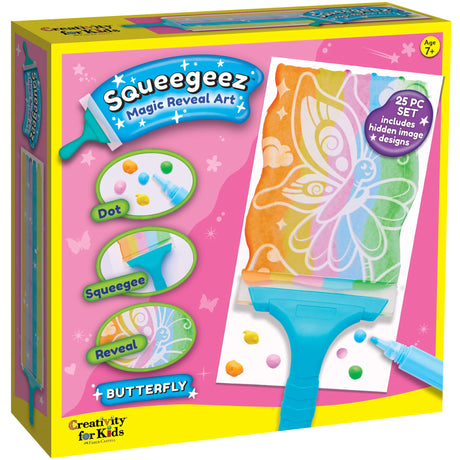 Squeegeez Magic Reveal Art Butterfly kit with squeegee, paint dots, and hidden butterfly designs for kids ages 7 and up.