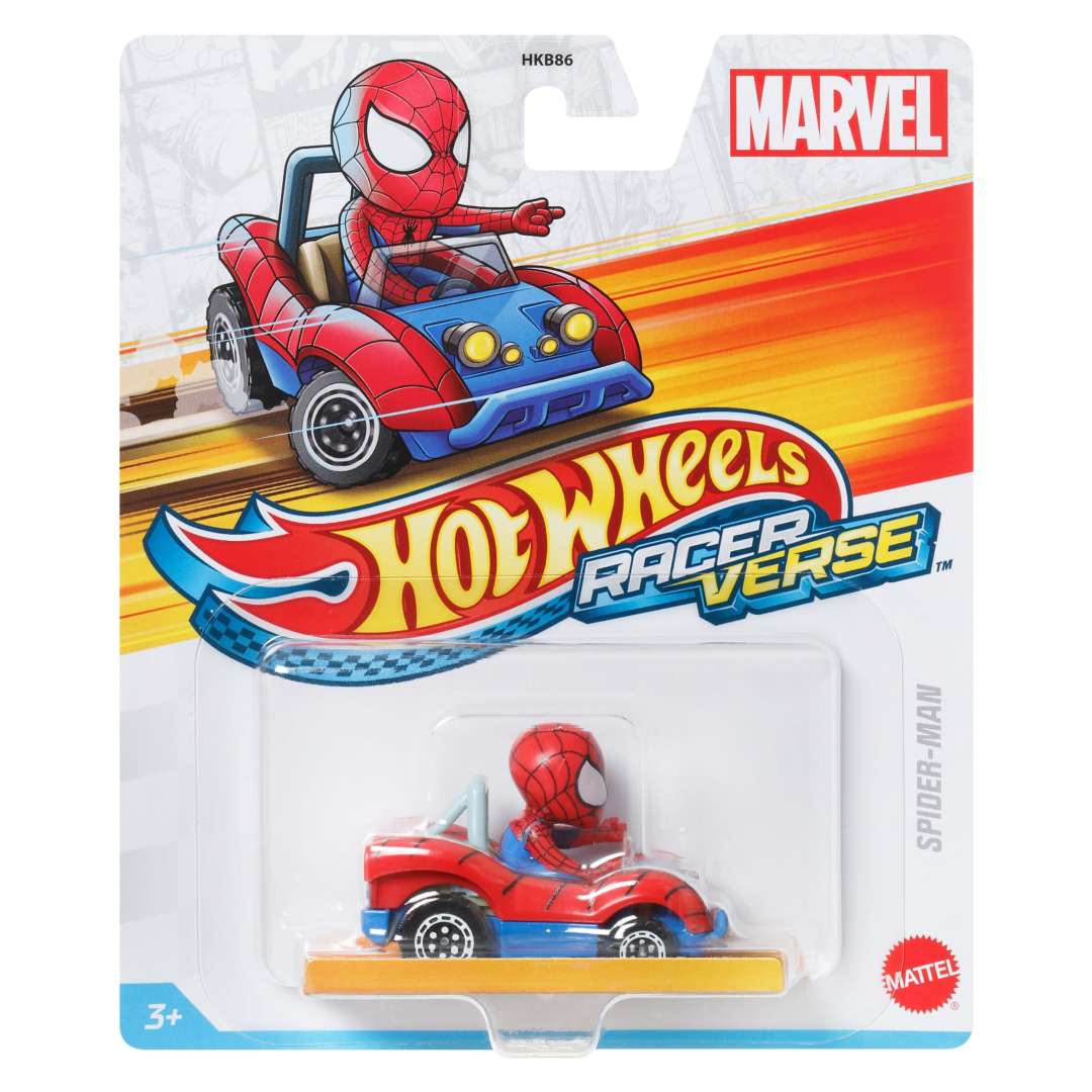 Hot Wheels RacerVerse Vehicle featuring Spider-Man in a 1:64 scale die-cast toy car for racing fun.