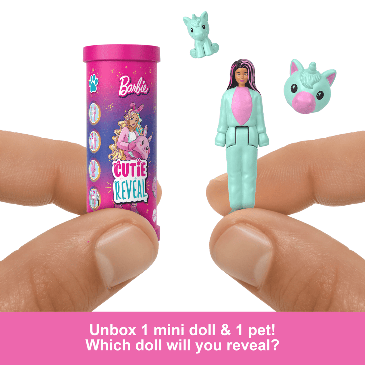 Hands holding a Mini BarbieLand Cutie Reveal with a small doll and two pet accessories shown beside the tube.