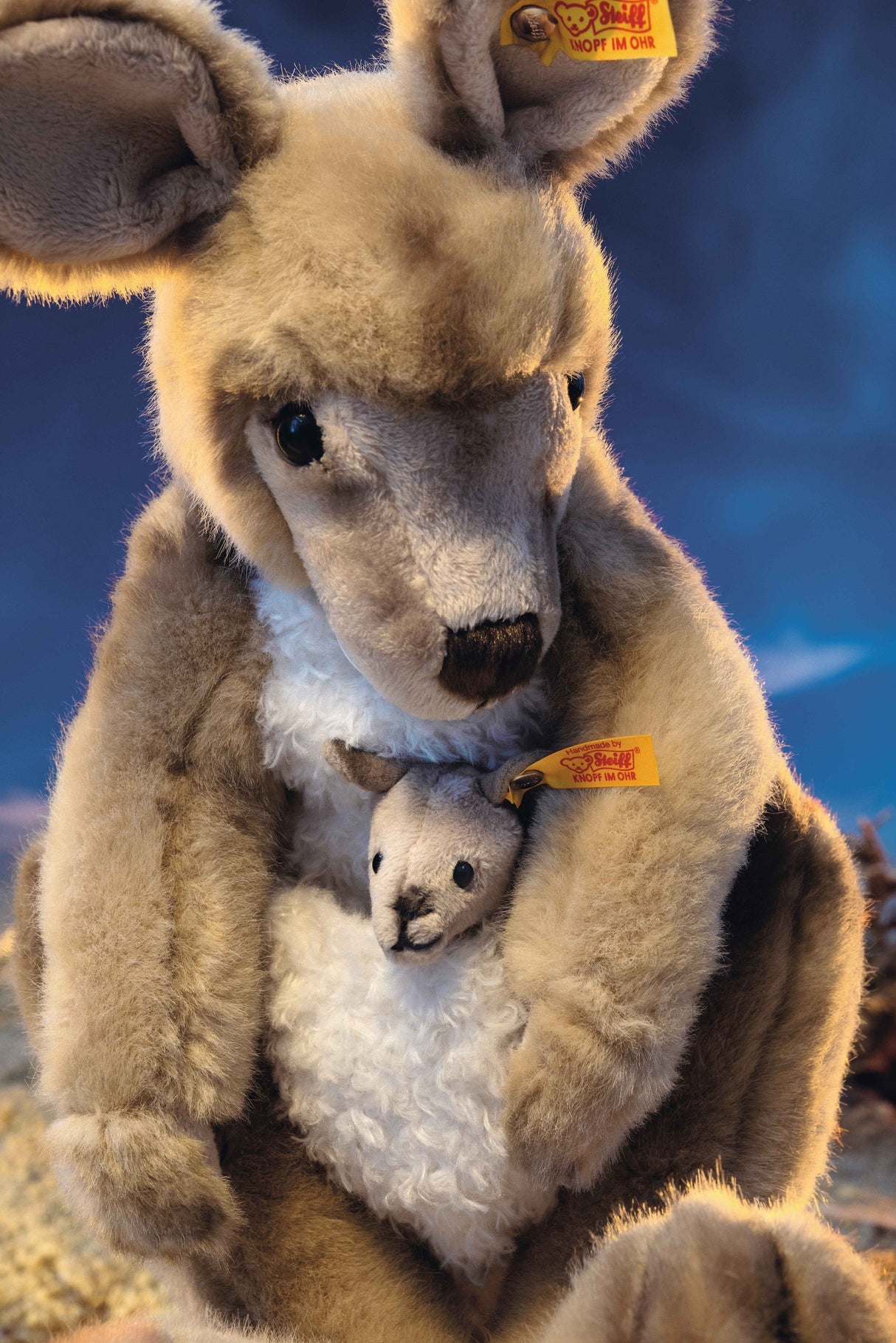 Kangaroo with Baby Kango plush toy by Steiff featuring soft fur and jointed limbs, perfect for gifting or collecting.
