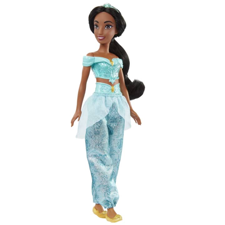 Disney Princess Jasmine doll wearing blue outfit with removable tiara and shoes, inspired by Disney's Aladdin.