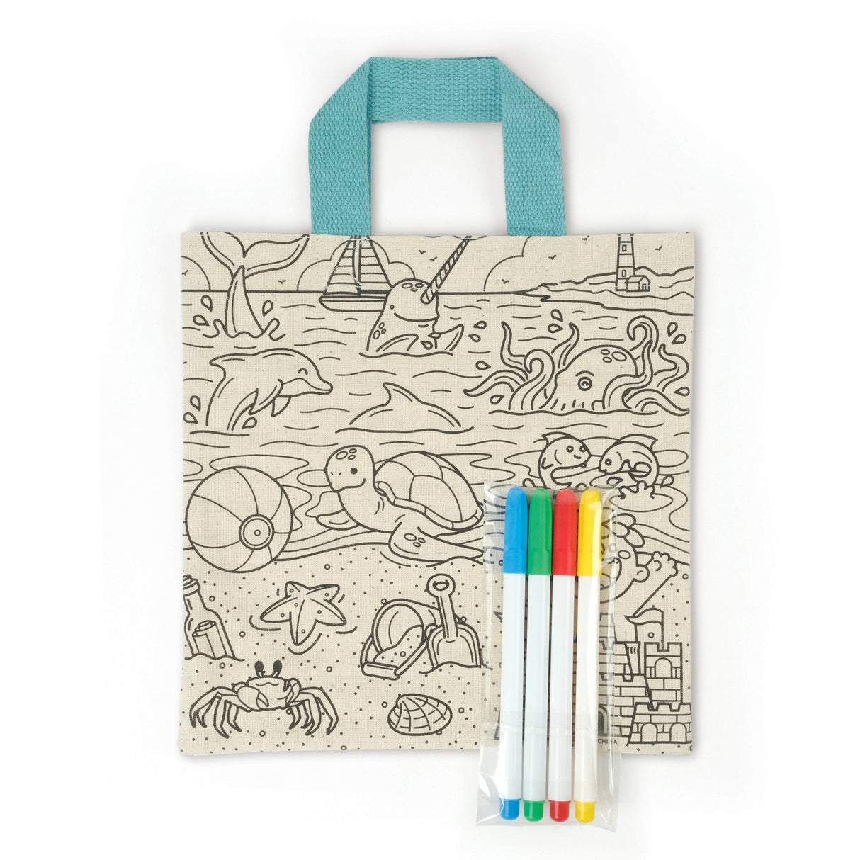 Kit & Cadoodle Color-In Tote Bag with ocean-themed canvas and four colorful markers for kids to decorate.
