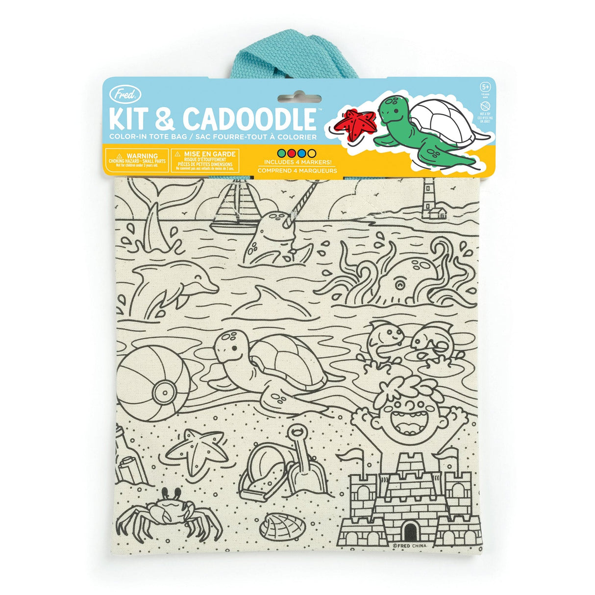 Kit & Cadoodle Color-In Tote Bag with ocean animal designs ready for kids to color with included markers.