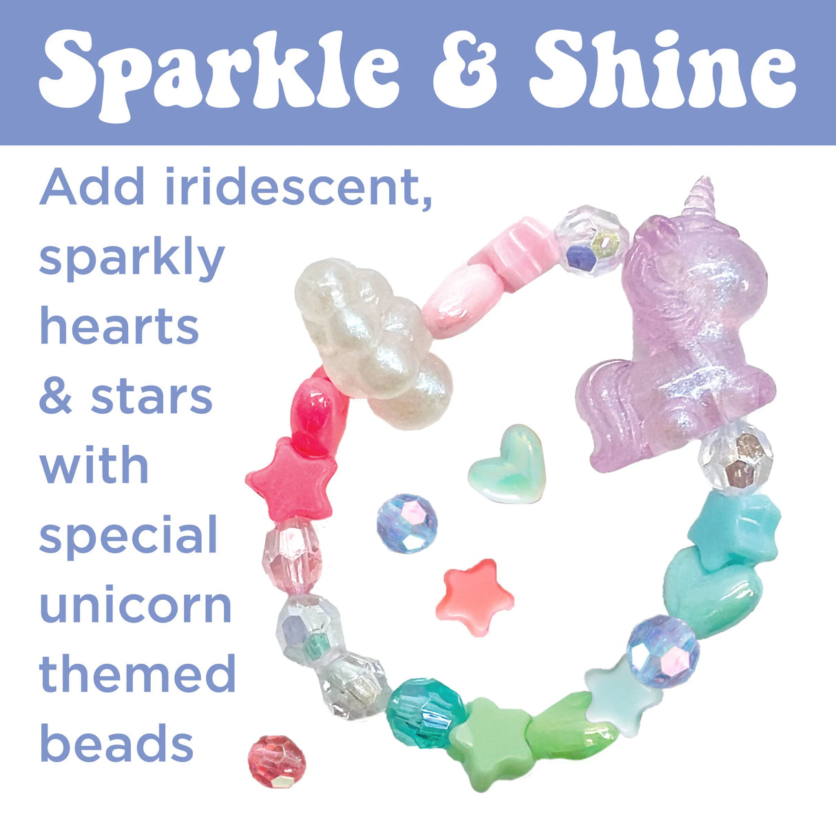 Bead Jewelry Jar | Unicorn with iridescent hearts, stars, and sparkly unicorn-themed beads for bracelet making.