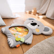 Koala Water Play Mat with colorful floating shapes, soft fabric cover, and crinkly ears for baby tummy time play.
