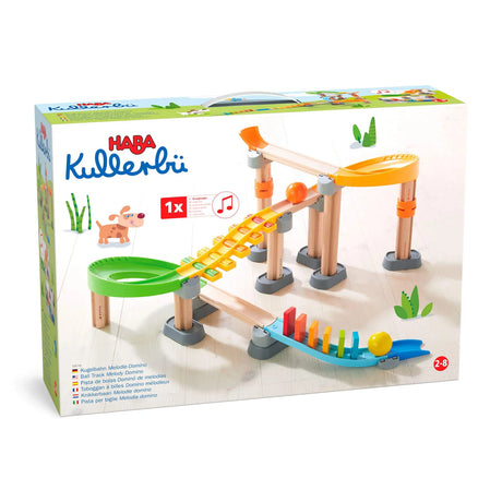 Kullerbu Melody Domino Set with colorful wooden balls, sound staircase, ramps, and dominos for creative play aged 2-8.