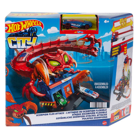 Hot Wheels City Set with scorpion attack playset and police car, featuring connectable city obstacles for ages 4+
