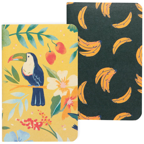 Mini Scribble Notebooks Tropical Trove set with tropical bird and banana covers, pocket-sized and eco-friendly recycled paper.