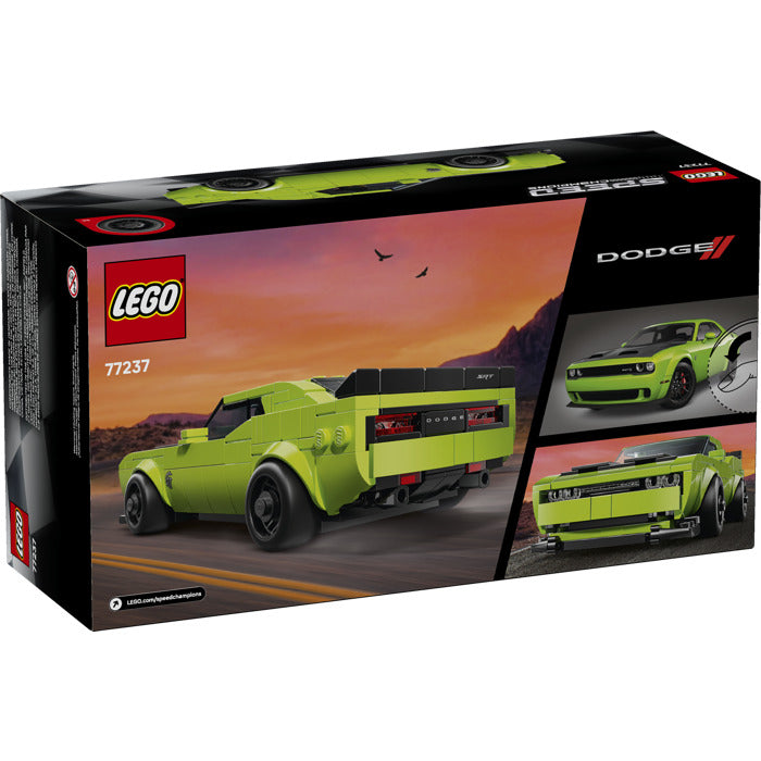 Speed Dodge Challenger SRT Hellcat LEGO model box showing a green muscle car with rear and front views at sunset.