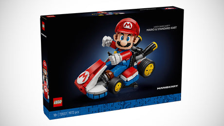 LEGO Mario Kart Mario & Standard Kart display model with posable Mario figure and detailed kart on a special stand.