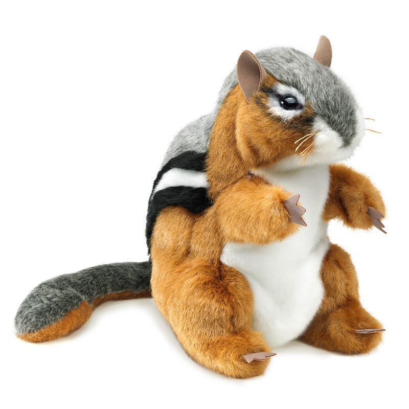 Chipmunk Puppet with pudgy cheeks, striped back, bushy tail, and movable head and legs, perfect for kids ages 3 and up.