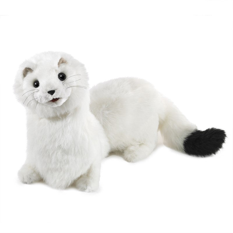 Ermine Puppet is a white weasel-like plush with black-tipped tail, movable mouth, and deep coal eyes, 21 inches long.