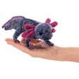 Black Axolotl Puppet with movable head and dark purple body with fuchsia accents held in hand, 8.5 inches long.