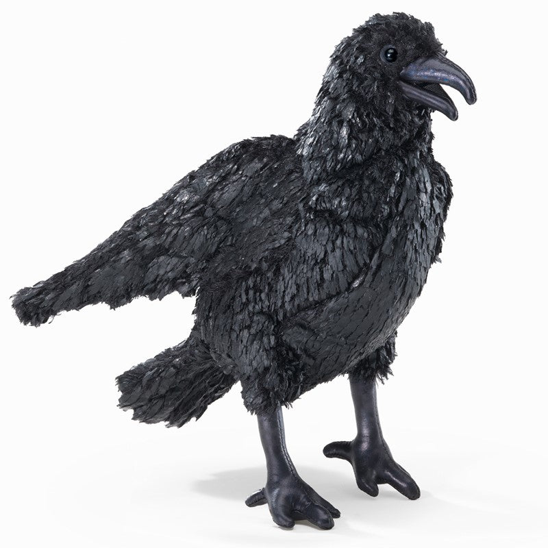 Crow Puppet showing realistic black feathery plush, movable beak, and shiny legs mimicking a live crow bird.